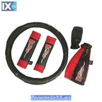 Κάλυμμα Τιμονιού Αυτοκινήτου Δερματίνη Σετ Flame Κόκκινο Medium 38cm 5 Τεμάχια