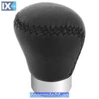 Πόμολο Λεβιέ Ταχυτήτων Δερμάτινο Τρυπητό Οβάλ Μαύρο Με Μαύρες Ραφές