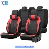 Καλύμματα Αυτοκινήτου Otom Voyager Universal Λινό Ύφασμα / Rachel / Δερματίνη Σετ Εμπρός / Πίσω Μαύρο Με Κόκκινο VYG-104 13 Τεμάχια